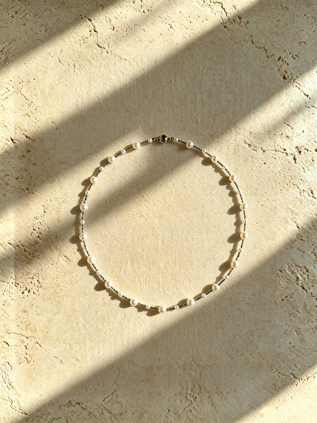 Modern Pearl & Textured Metal Bar Station Necklace-E09