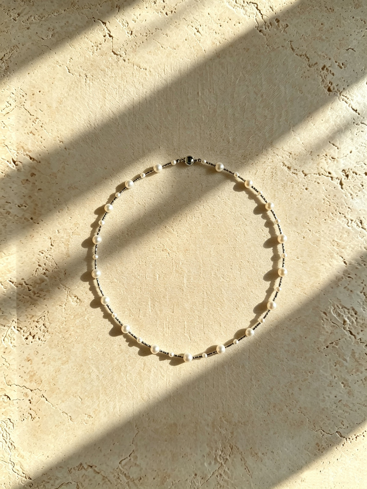 Modern Pearl & Textured Metal Bar Station Necklace-E09