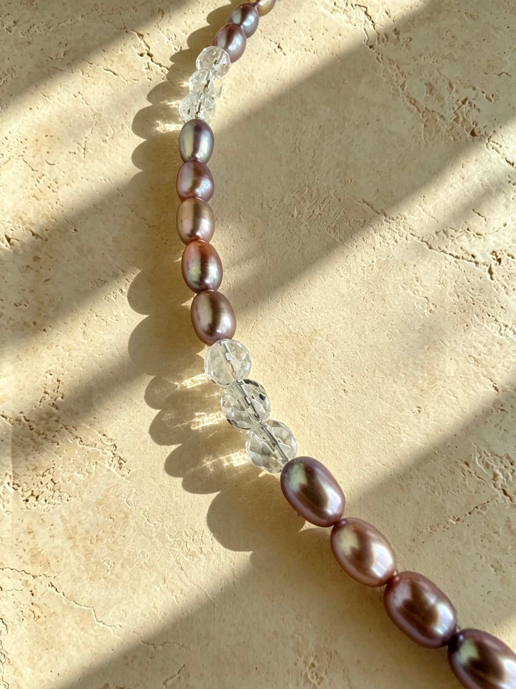 Organic 6mm Purple Rice Pearl & Faceted Quartz Crystal Necklace-E08