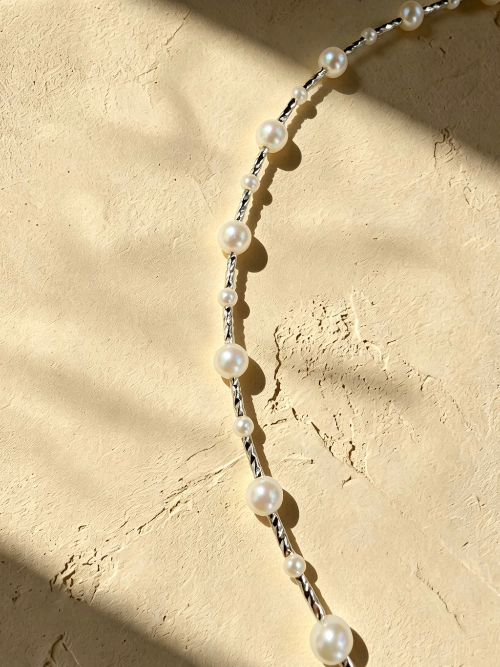 Modern Pearl & Textured Metal Bar Station Necklace-E09