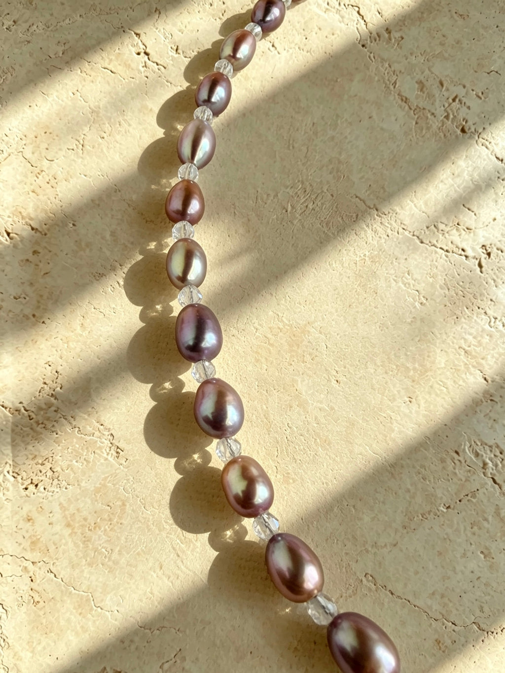 Organic 6mm Purple Rice Pearl & Petite Faceted Quartz Crystal Necklace-E12