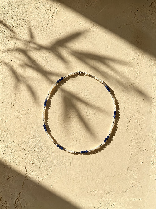 Lapis Lazuli & Textured Pearl Mixed Station Necklace-F01