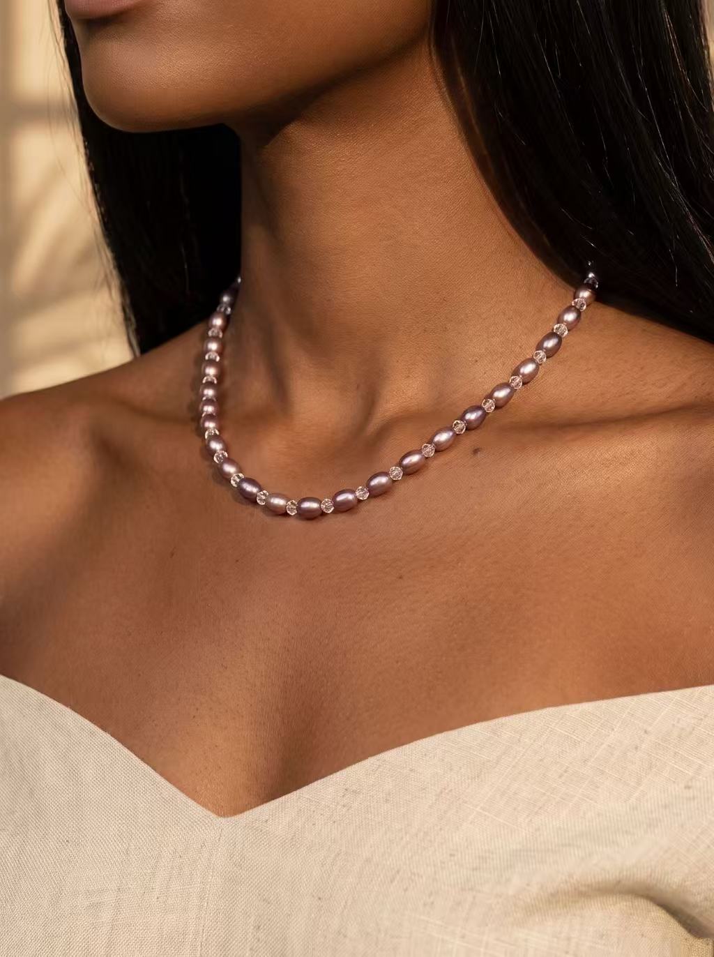 Organic 6mm Purple Rice Pearl & Petite Faceted Quartz Crystal Necklace-E12