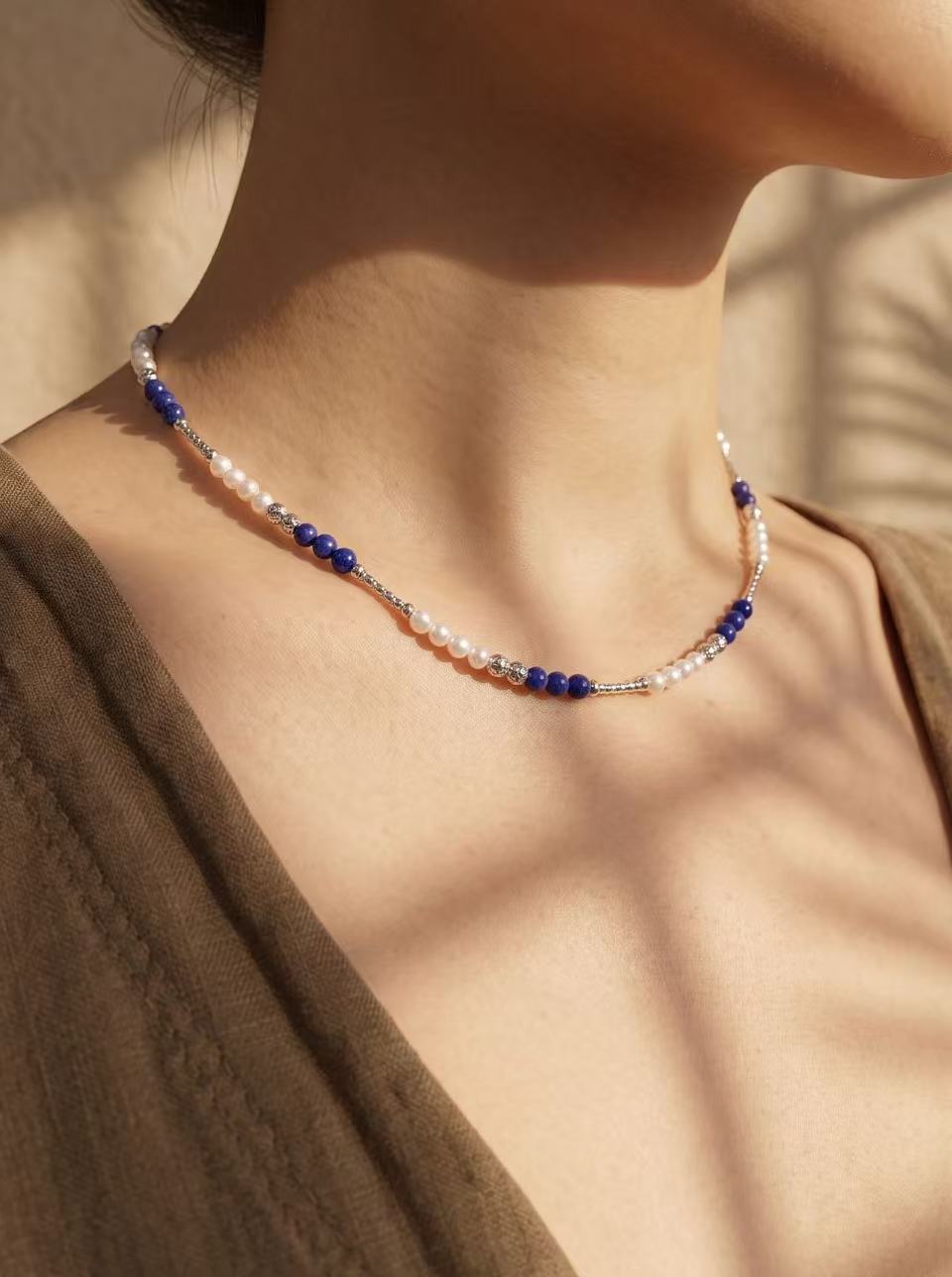 Lapis Lazuli & Textured Pearl Mixed Station Necklace-F01