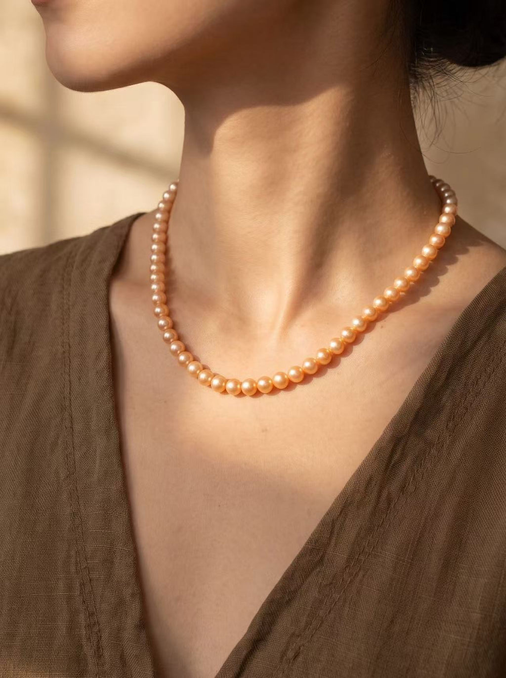 Classics 6mm Full-Round Champagne Gold Pearl Necklace-E03