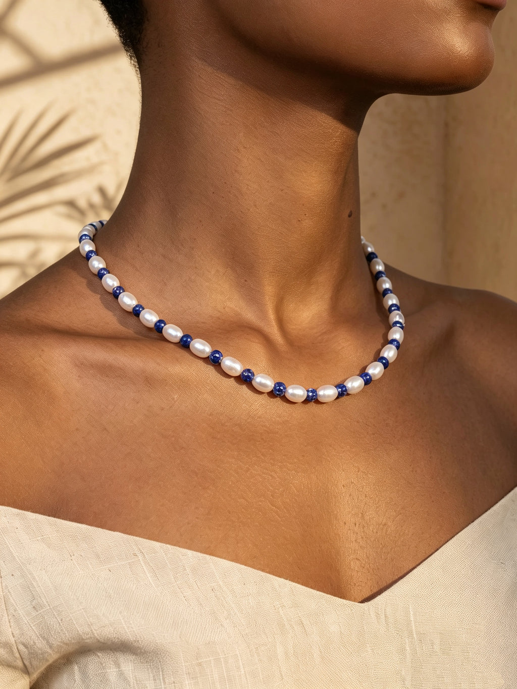 Organic 6mm Rice Pearl & Lapis Lazuli Gemstone Necklace-E07