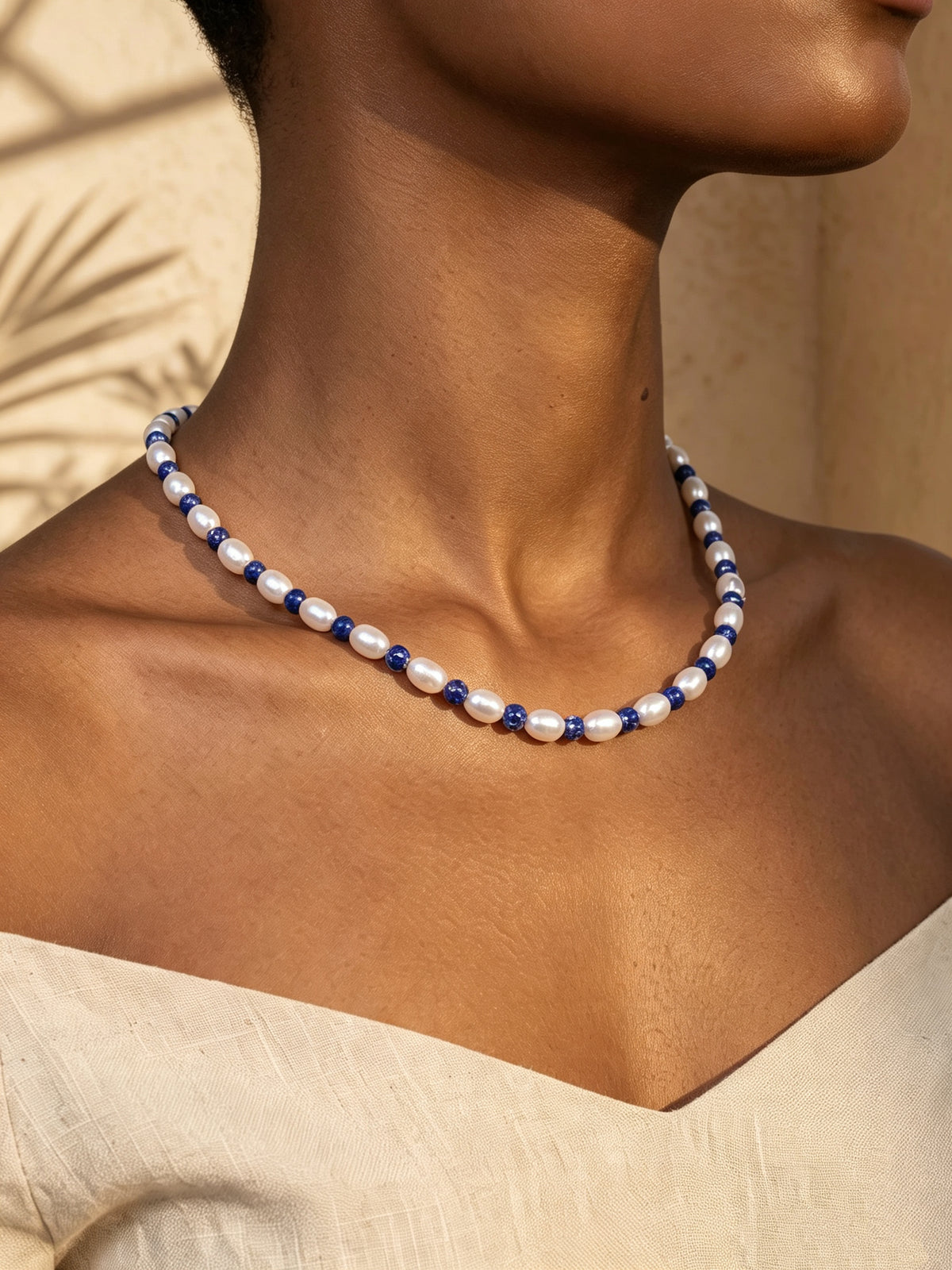 Organic 6mm Rice Pearl & Lapis Lazuli Gemstone Necklace-E07