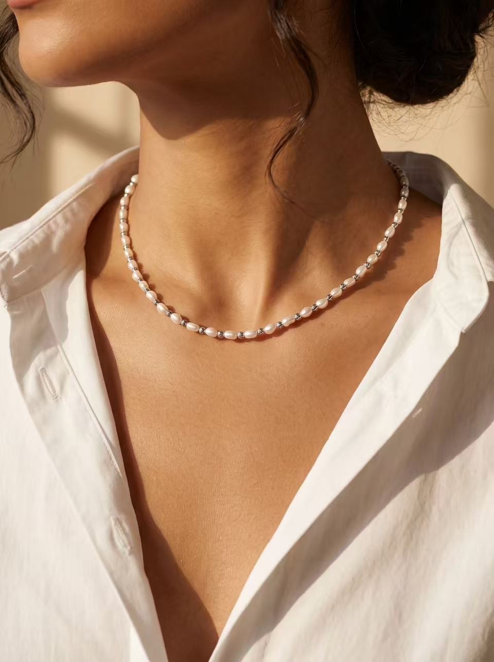 Organic Baroque Button Pearl & Steel Bead Choker-F02