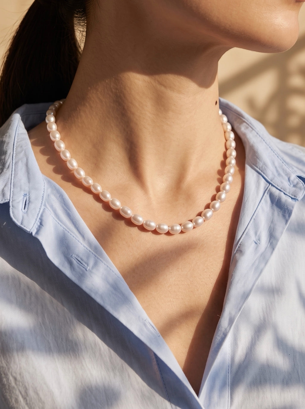 Organic 6mm Oval Rice White Pearl Necklace-E04