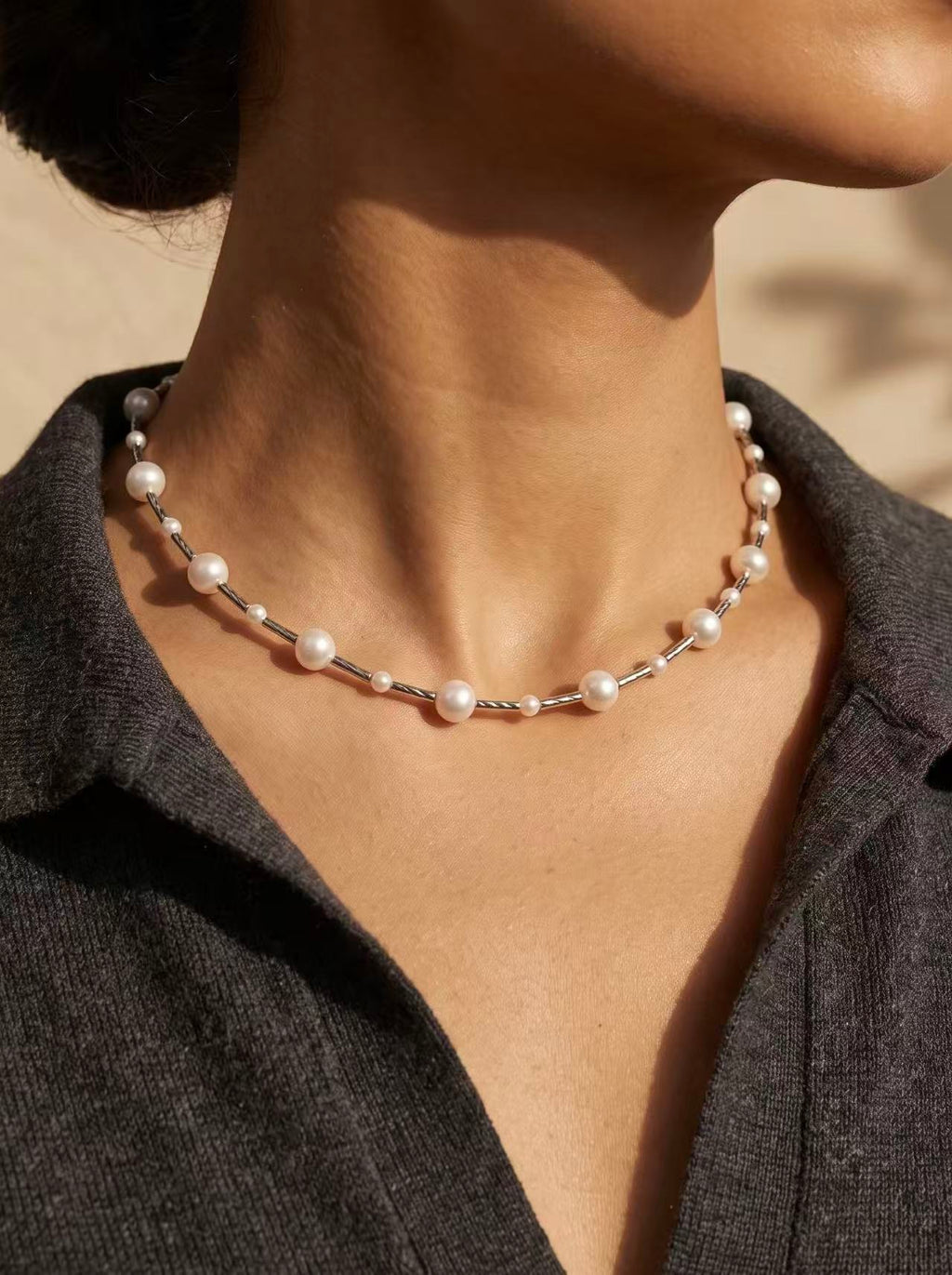 Modern Pearl & Textured Metal Bar Station Necklace-E09