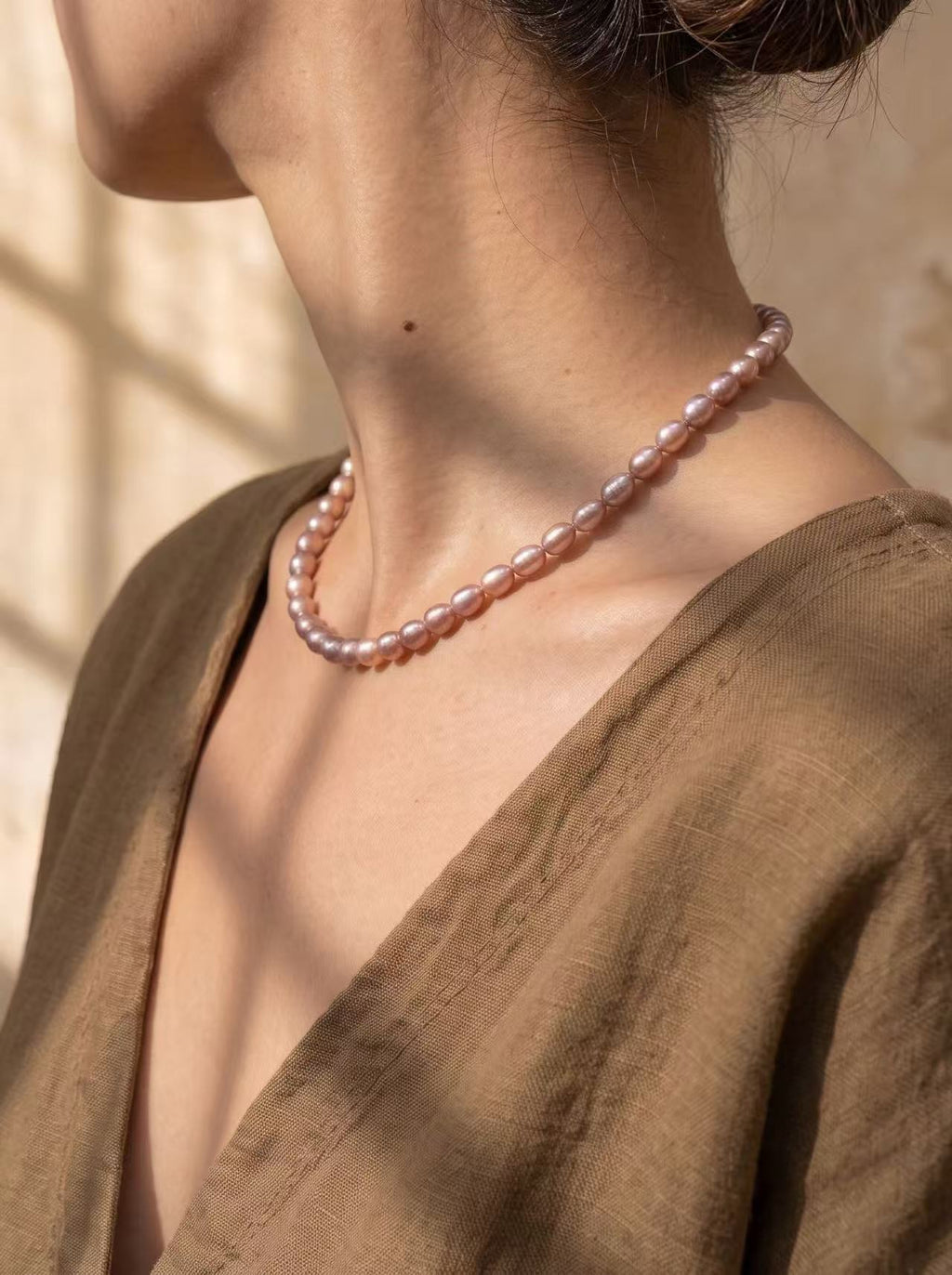 Organic 6mm Oval Rice Lavender Purple Pearl Necklace-E05